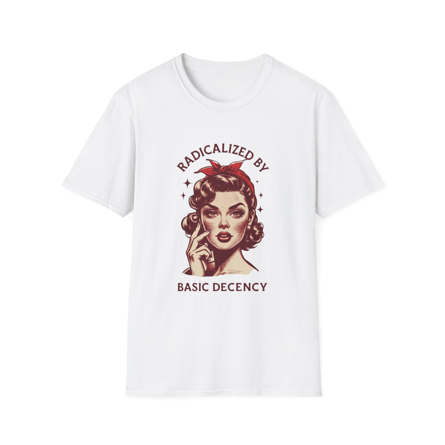"Radicalized by Basic Decency" Retro Feminist Tee — Vintage Sass, Modern Morals