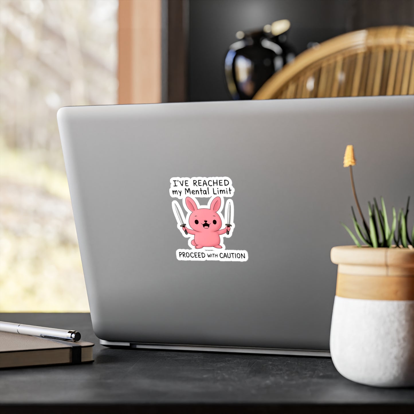 “Mental Limit Bunny” Vinyl Sticker – Cute, Caffeinated, and Armed with Boundaries