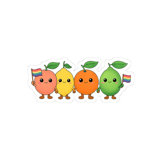 Cute LGBTQ+ Fruit Squad Sticker – Grapefruit, Lemon, Orange & Lime Holding Hands with Pride